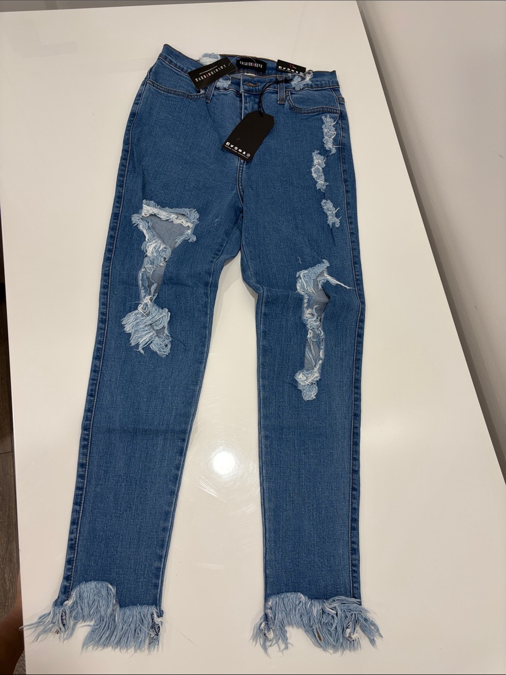 Fashion Nova Blue Skinny Distressed Jeans with Frayed Hem size 11